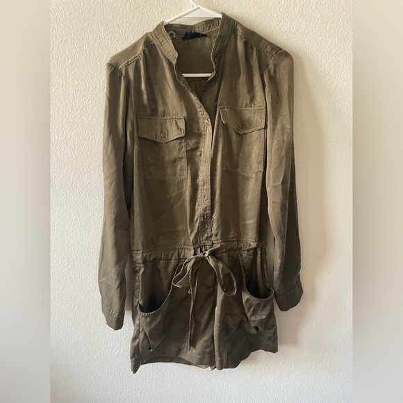 MAAC London hunter green utility long sleeve button up satin romper with tie - Picture 3 of 4